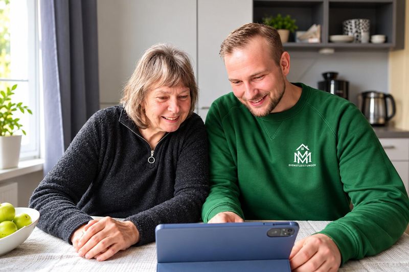 Ein Teammitglied von MM Dienstleistungen sitzt mit einer älteren Dame am Küchentisch, beide schauen lächelnd auf ein Tablet